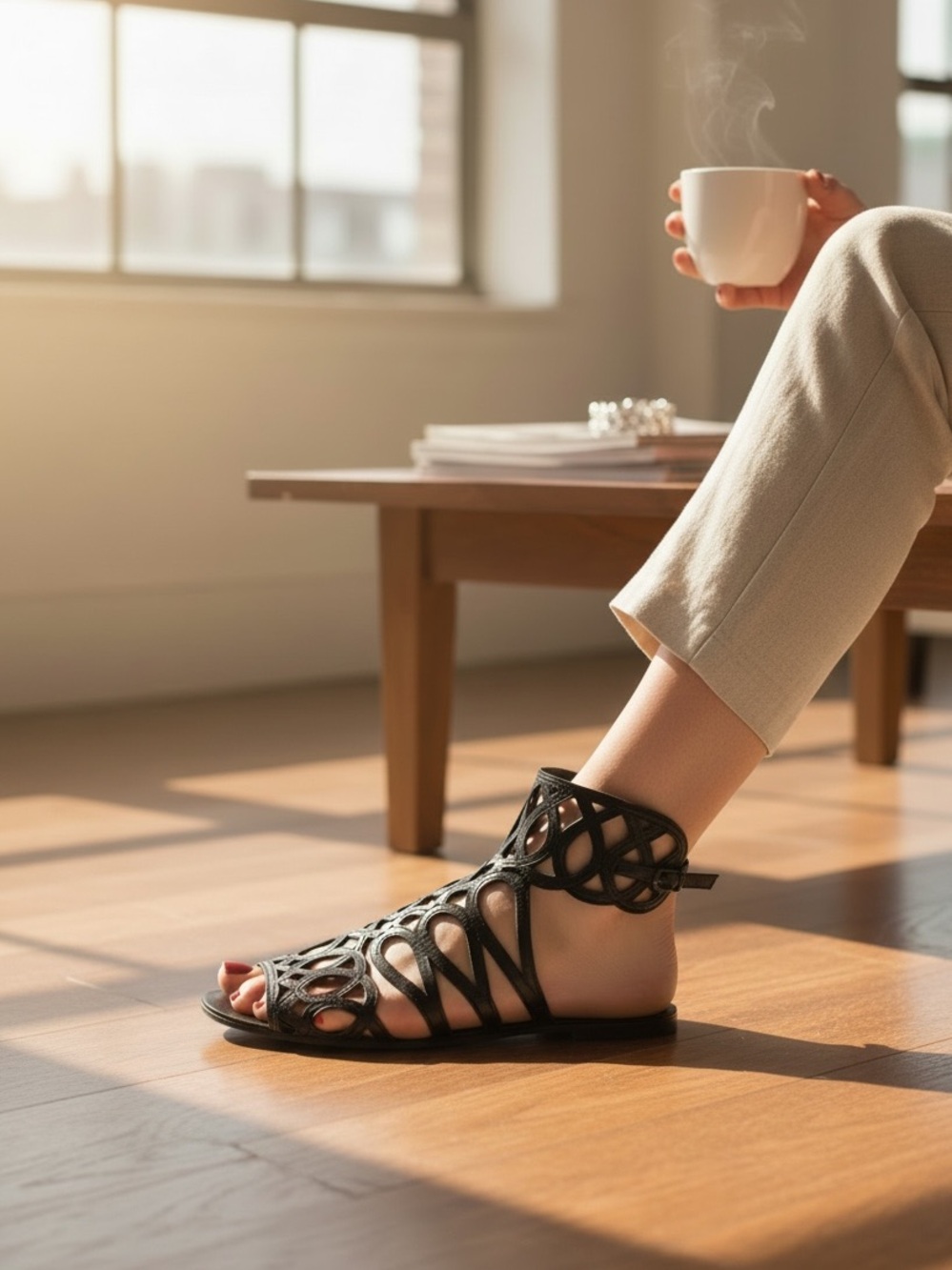 Town Shoes leather ankle strap black woven Grecian gladiator sandals size EU 40